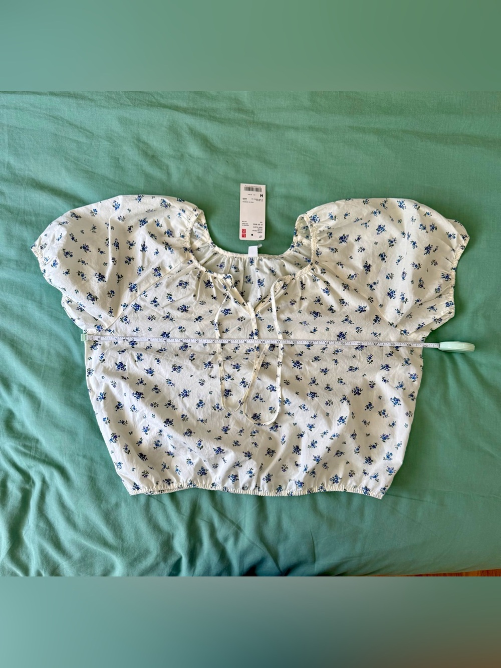 Uniqlo Cream Crop Top with Blue Floral Motif